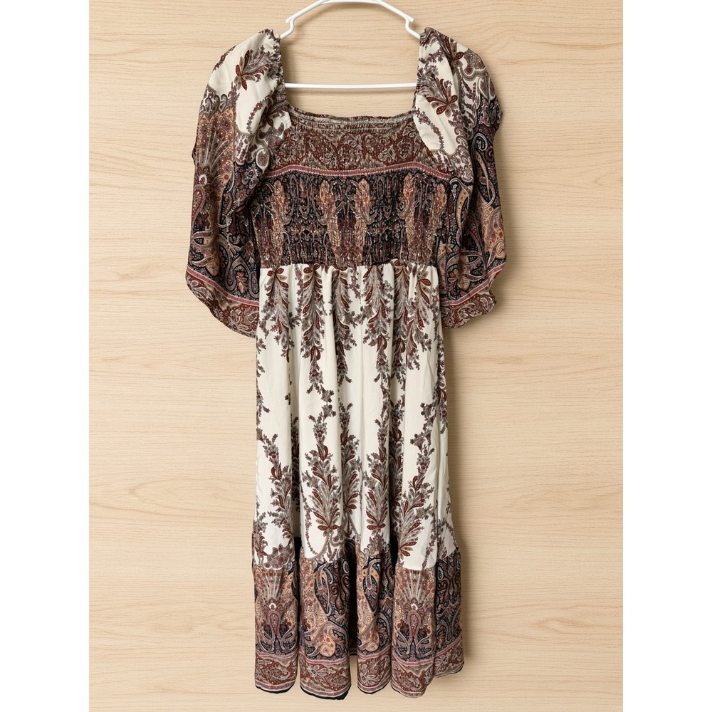 Boho Paisley Smocked Midi Dress Square Neck Puff Sleeve Tiered Skirt Large